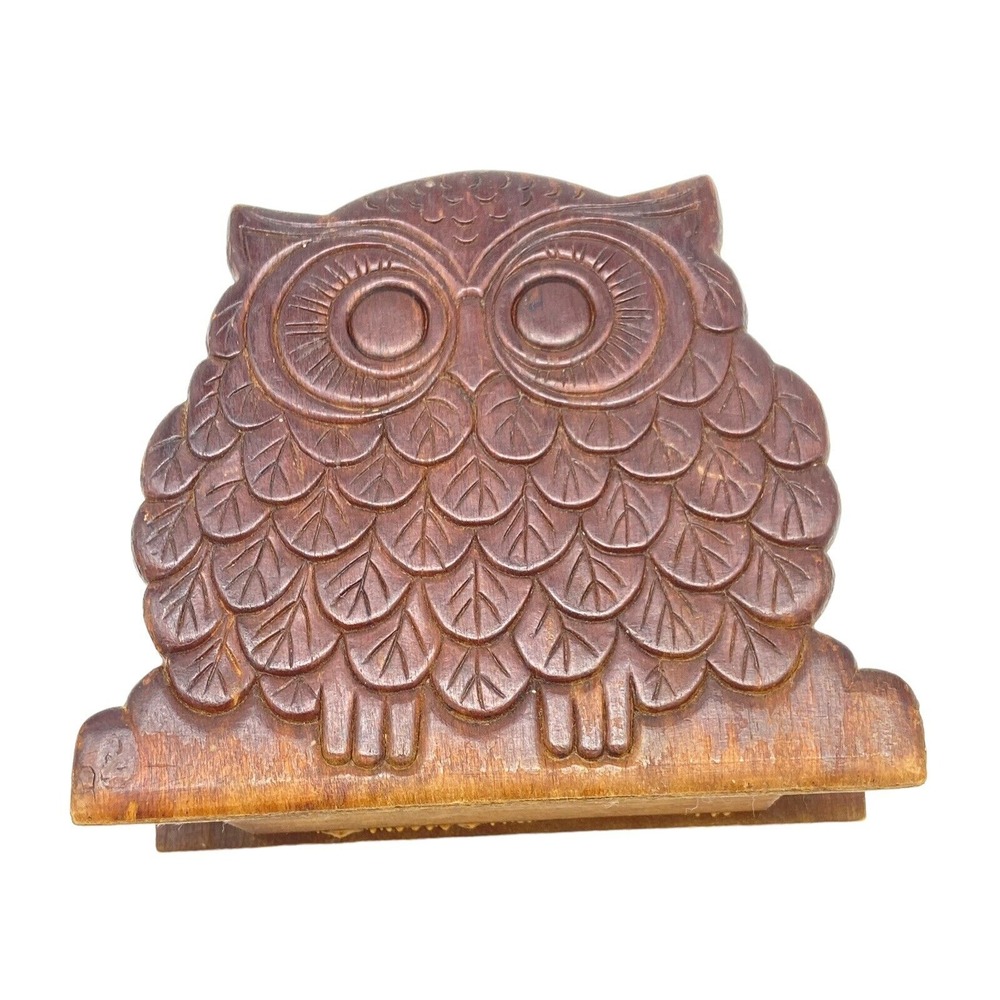 Solid Wood Embossed Textured Brown Owl Napkin Holder Kitchen Dining Room table
